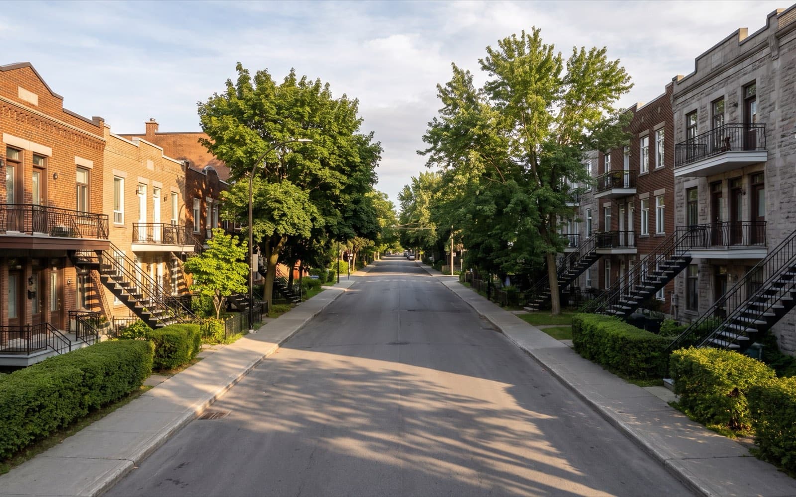Rue résidentielle bordée d'arbres et d'immeubles de faible hauteur